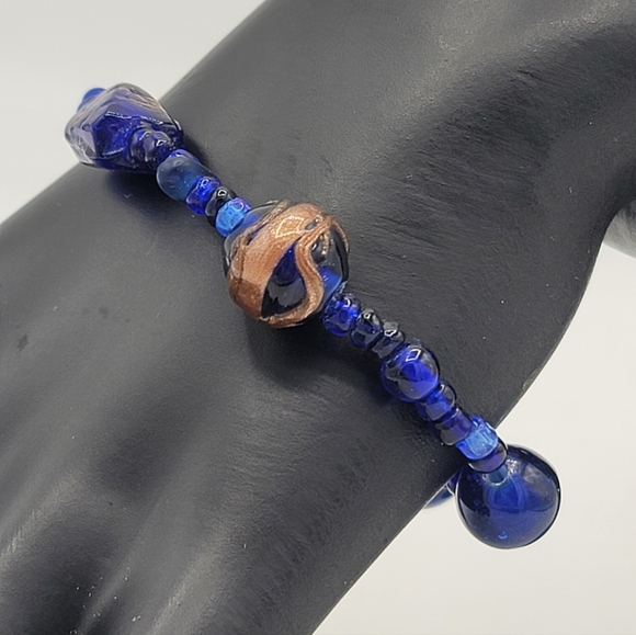 Jewelry - Handmade Cobalt Blue Glass Bead Bracelet Sun Charm Boho Artisan Jewelry 1990s